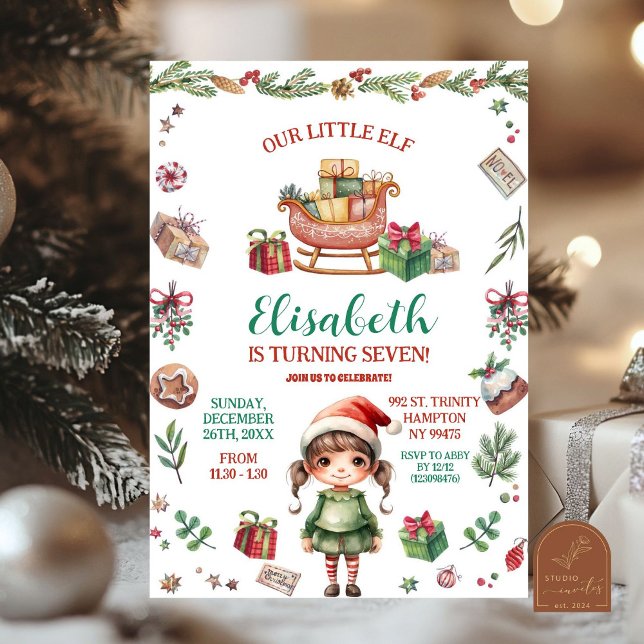 Our Little Elf Christmas Sleigh Birthday Girl Invitation (Creator Uploaded)
