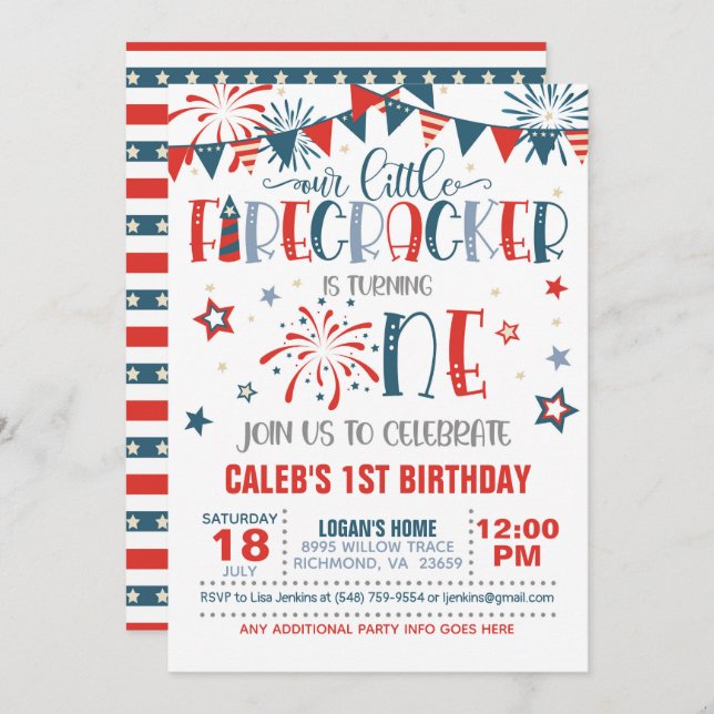 Our Little Firecracker 1st Birthday Invitation (Front/Back)