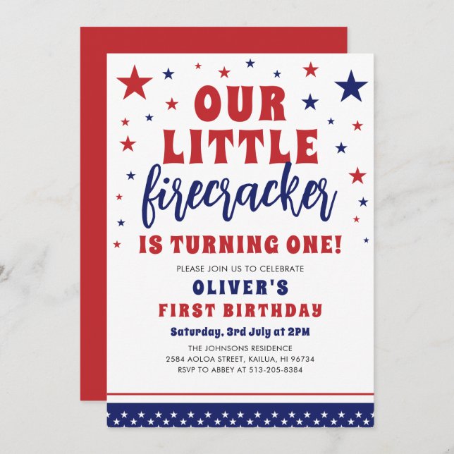 Our Little Firecracker 1st Birthday Party  Invitation (Front/Back)