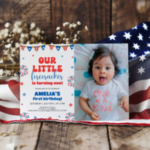 Our Little Firecracker 1st Birthday Party Photo Invitation