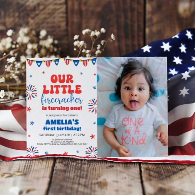 Our Little Firecracker 1st Birthday Party Photo Invitation (Creator Uploaded)