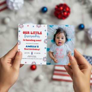 Our Little Firecracker 1st Birthday Party Photo Invitation