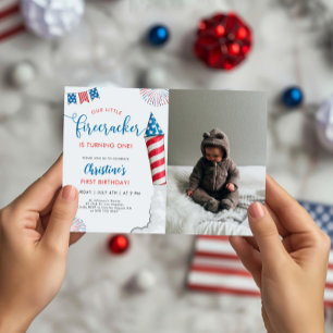 Our Little Firecracker 1st Birthday Photo Invitation