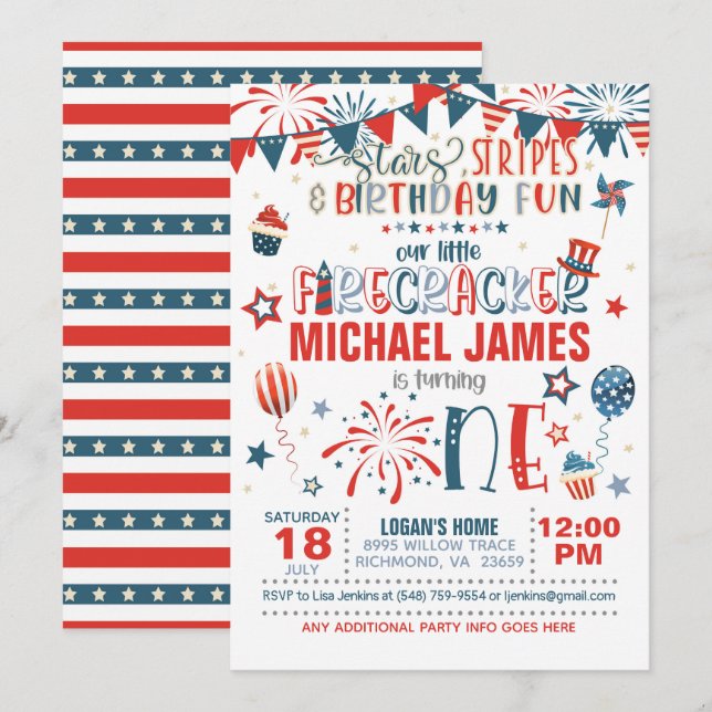 Our Little Firecracker 1st Birthday (S&S) Invitation (Front/Back)