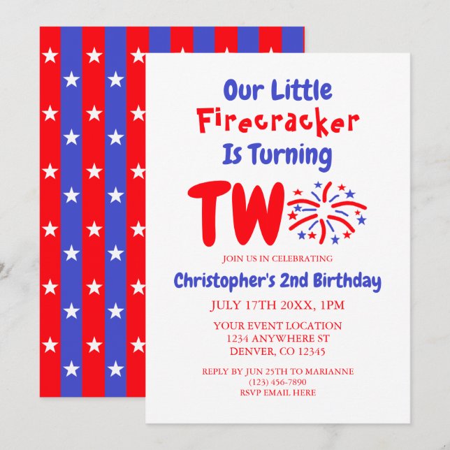 Our Little Firecracker 2nd Birthday Invitation (Front/Back)