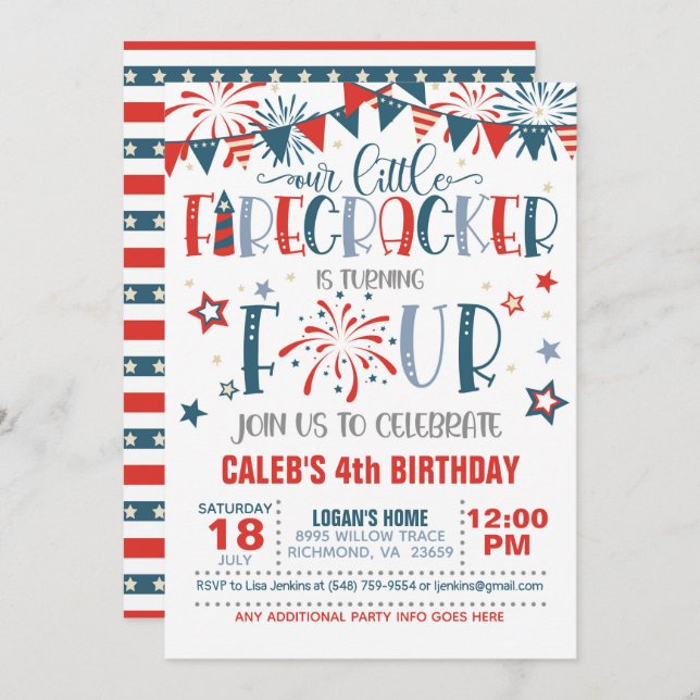 Our Little Firecracker 4th Birthday Invitation (Front/Back)