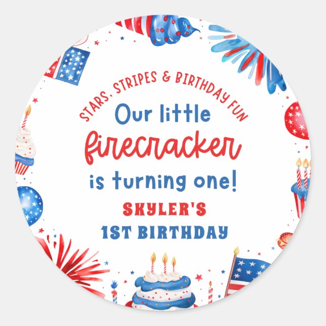 Our Little Firecracker 4th of July 1st Birthday Classic Round Sticker (Front)