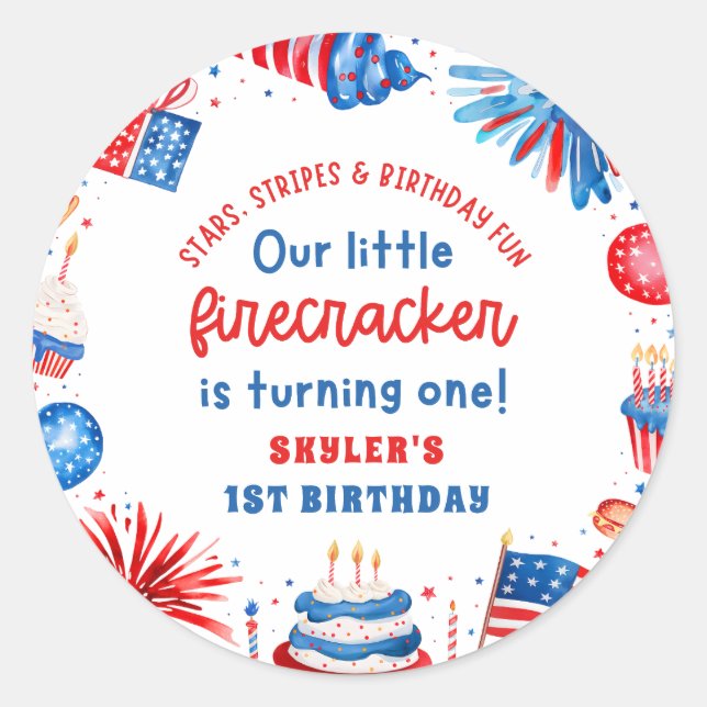 Our Little Firecracker 4th of July 1st Birthday Classic Round Sticker (Front)