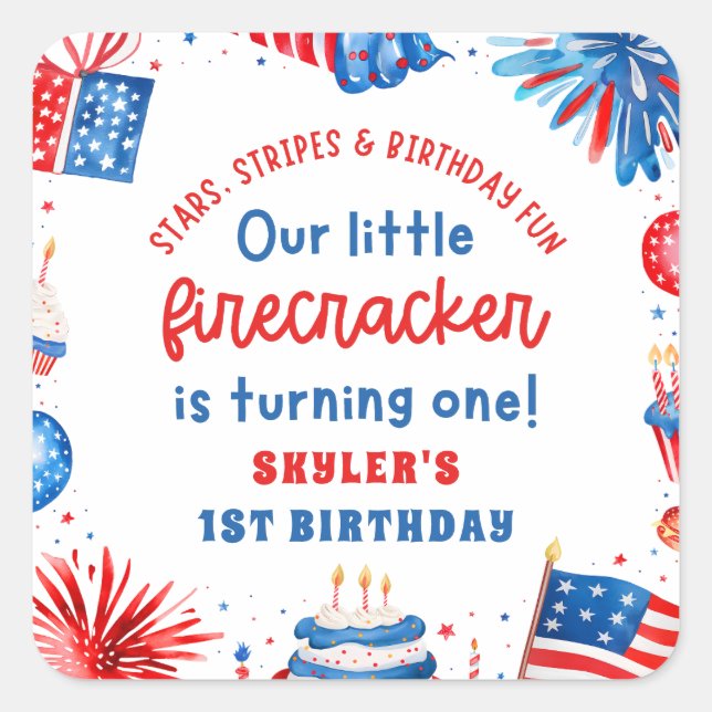Our Little Firecracker 4th of July 1st Birthday Square Sticker (Front)