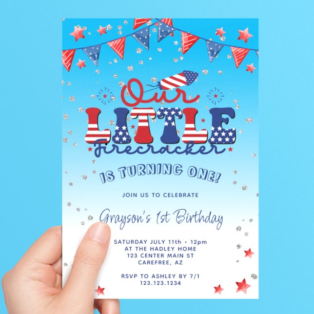 Our Little Firecracker Boy Blue 1st Birthday Invitation (Creator Uploaded)