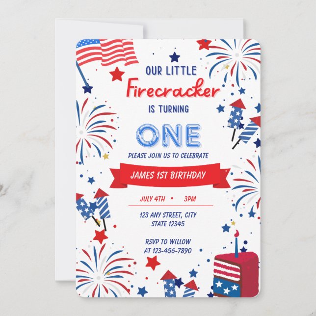 Our Little Firecracker is Turning One Birthday  Invitation (Front)
