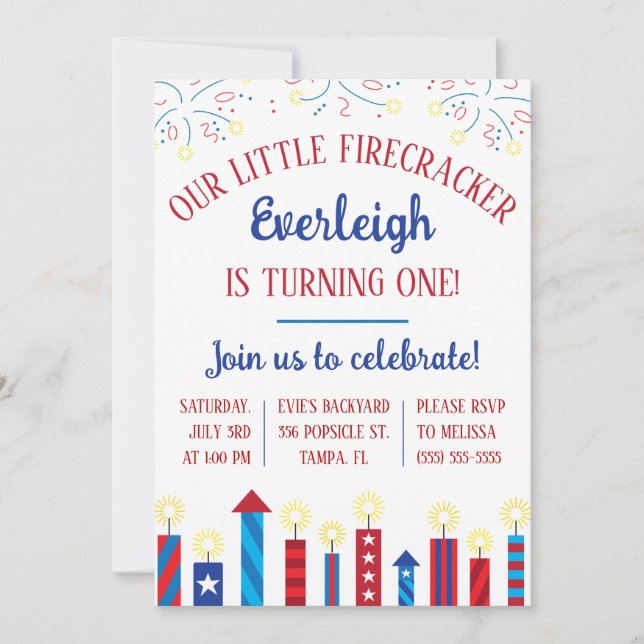 Our Little Firecracker is Turning ONE! Birthday Invitation (Front)