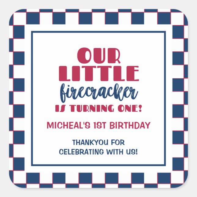 Our little firecracker is turning one birthday square sticker (Front)