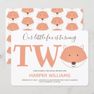 Our Little Fox is Turning Two Second Kids Birthday Invitation
