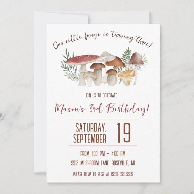 Our little Fungi, Mushroom Themed Birthday Party Invitation (Front)