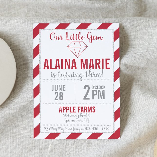 Our Little Gem Ruby Silver Glitter Birthday Invite (Creator Uploaded)
