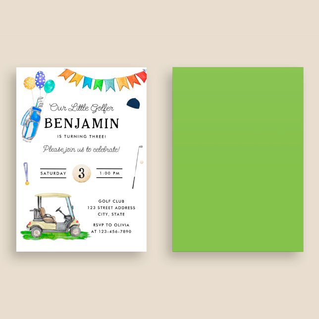 Our Little Golfer Green Cart Kids Golf Birthday Invitation (Front and Back)