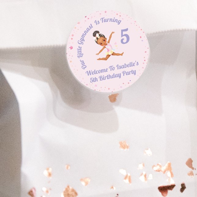 Our Little Gymnast Is Turning 5  Pink Birthday Classic Round Sticker (Creator Uploaded)
