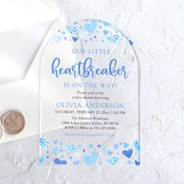 Our Little Heartbreaker Blue Valentine Baby Shower Acrylic Invitations (Watercolor Cute Blue Hearts A Little Heartbreaker Valentine Baby Boy Acrylic Baby Shower Invitation)