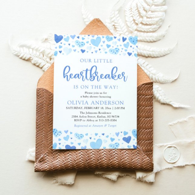 Our Little Heartbreaker Blue Valentine Baby Shower Invitation (Watercolor Cute A Little Heartbreaker Blue Hearts Baby Boy Valentine Baby Shower Invitation)