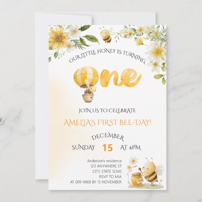 Our Little Honey Bee 1st Bee-Day Floral Birthday Invitation (Front)