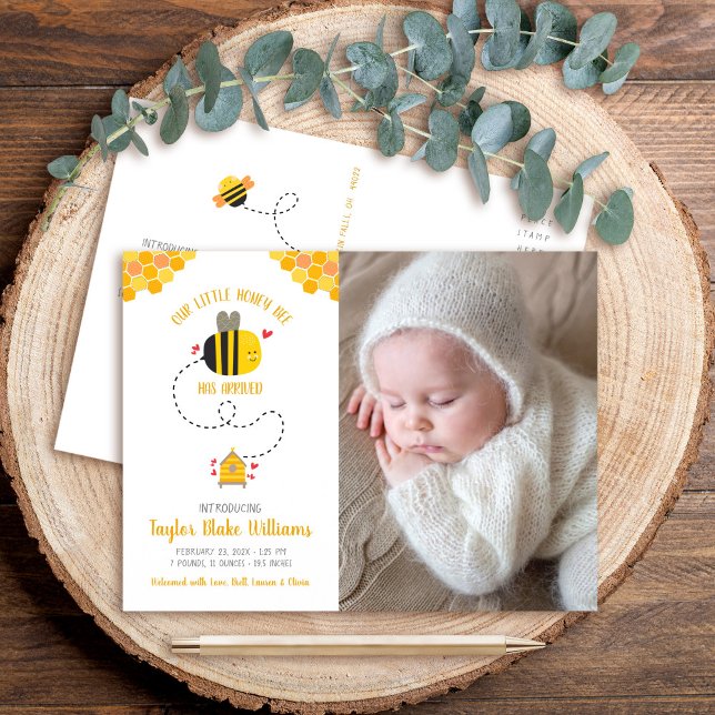 Our Little Honey Bee Cute Kawaii Baby Photo Birth Announcement Postcard (Creator Uploaded)