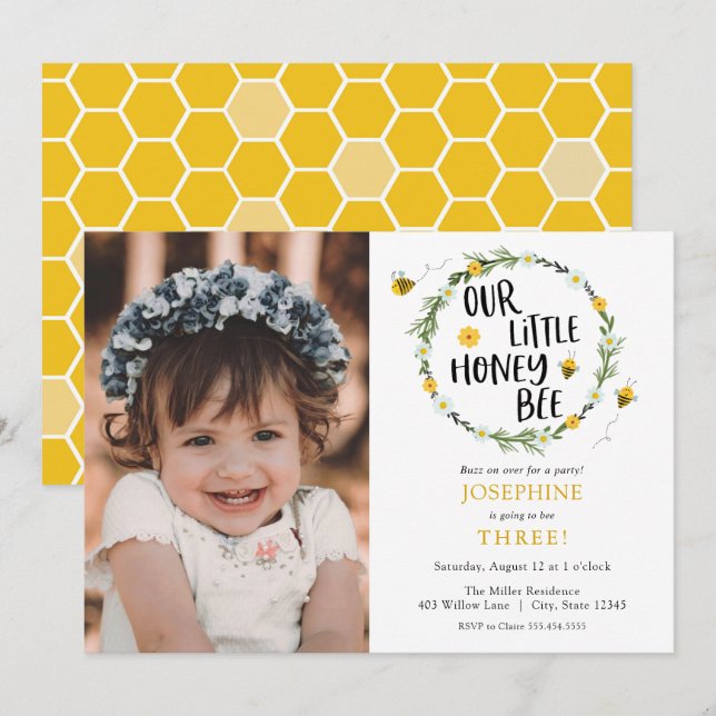 Our little honey bee photo birthday invitation (Front/Back)