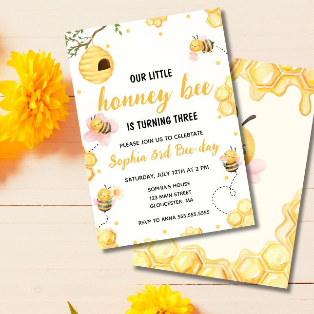 Our Little Honey Bumble Bee Floral Birthday Party Invitation (Cute honey bee birthday invitation perfect for kids’ bee themed party)