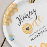 Our Little Honey | First Birthday Photo Paper Plate<br><div class="desc">It's your little honey bee's first birthday - celebrate with a sweet,  stylish birthday paper plates! Featuring a modern birthday greeting template,  and boho images of bees,  honeycomb,  and hives. Welcome friends and family to join the buzzing celebration!</div>