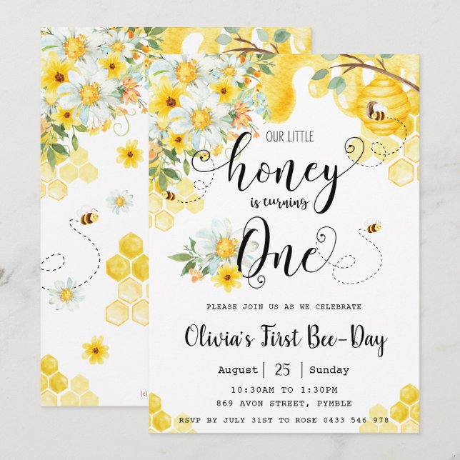 Our Little Honey is ONE Bee Floral 1st Birthday    Invitation (Front/Back)