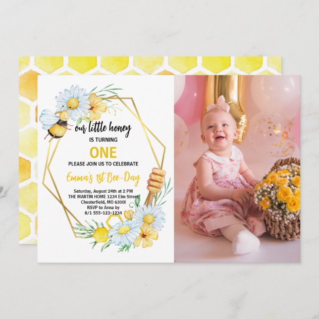 Our Little Honey Is Turning One Bee 1st Birthday Invitation (Front/Back)