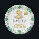 Our Little King Lion Crown Balloon 1st Birthday  Paper Plate<br><div class="desc">Our Little King Lion Crown Balloon 1st Birthday Paper Plate

Sweet lion themed birthday paper plate for a baby boy featuring a cute watercolor lion,  some foliage,  gold crown,  gold colored balloon and sash.  This lion themed birthday plate is ideal for a boy's king or lion themed birthday party.</div>