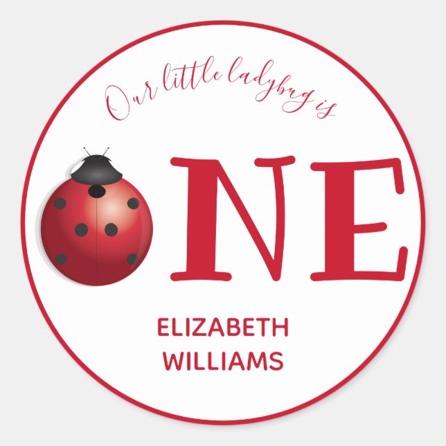 Our Little Ladybug First Birthday Party Red White Classic Round Sticker (Front)