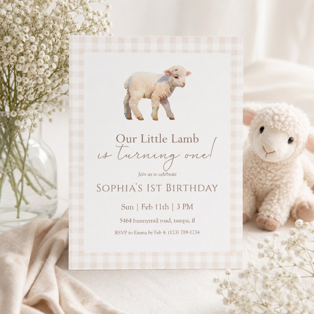 Our Little Lamb Birthday Neutral Gingham Invitation (Creator Uploaded)