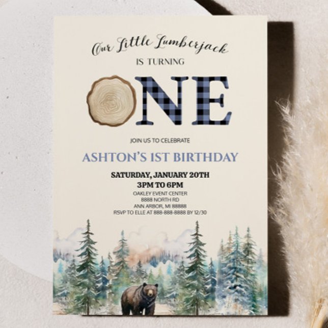 Our Little Lumberjack Bear Blue 1st Birthday Party Invitation (Creator Uploaded)
