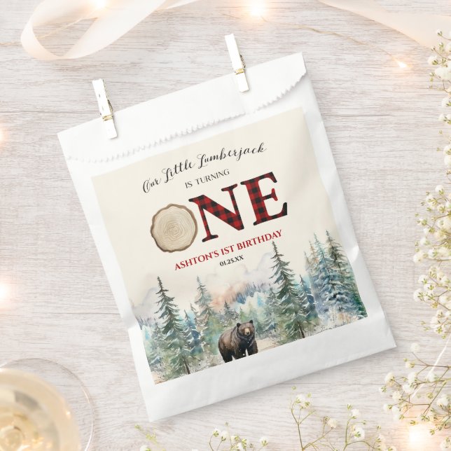 Our Little Lumberjack Bear Red 1st Birthday Party Favour Bags (Clipped)