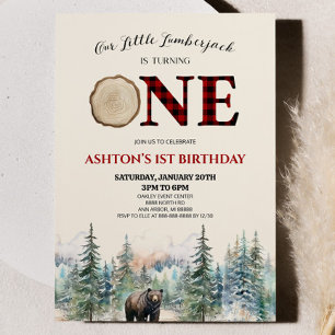 Our Little Lumberjack Bear Red 1st Birthday Party Invitation