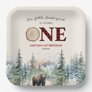 Our Little Lumberjack Bear Red 1st Birthday Party Paper Plate