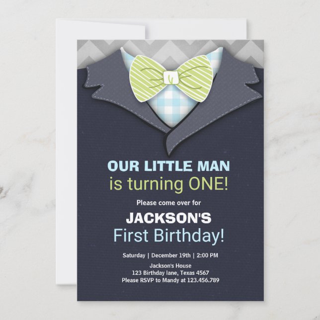 Our Little Man Birthday Invitation Boy Bow Tie (Front)