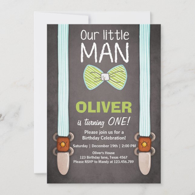 Our Little Man Birthday Invitation Boy Bow Tie (Front)