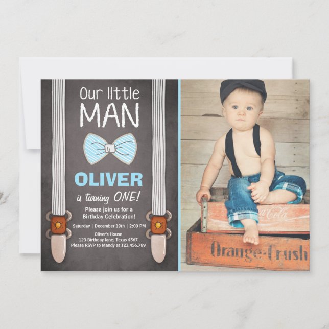 Our Little Man Birthday Invitation Boy Bow Tie (Front)