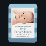 Our Little Man Blue Boy Photo Birth Announcement Magnet<br><div class="desc">Announce the arrival of your baby boy in style with classic and simple birth announcement magnets that feature a photo of your baby framed by preppy horizontal stripes and a little bow tie design accent. Blue,  slate,  charcoal gray,  and white colors.</div>