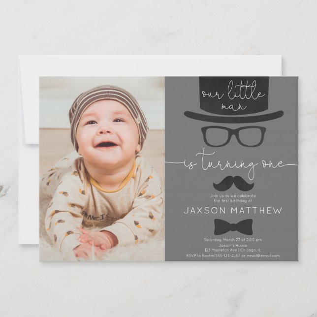 Our Little Man boy 1st birthday party photo Invitation (Front)