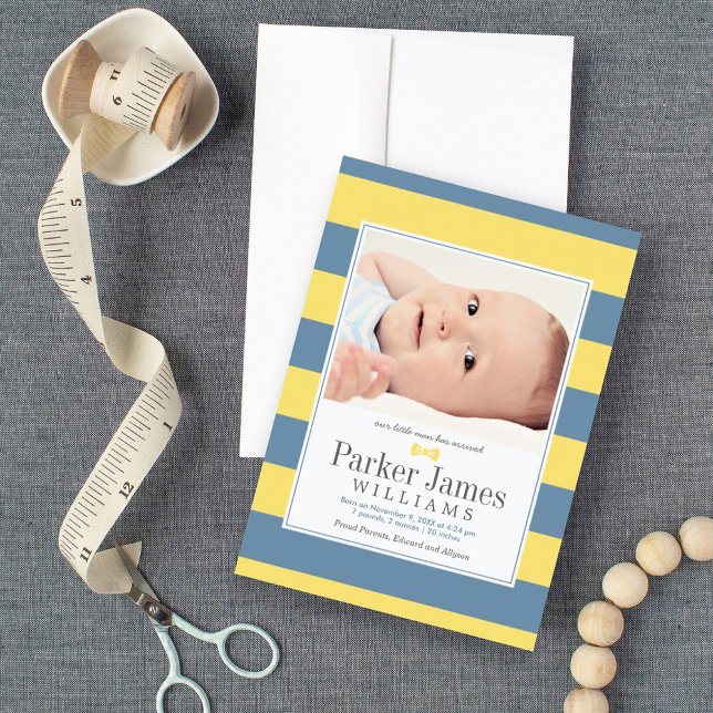 Our Little Man Yellow Blue Handsome Baby Boy Birth Announcement (Creator Uploaded)