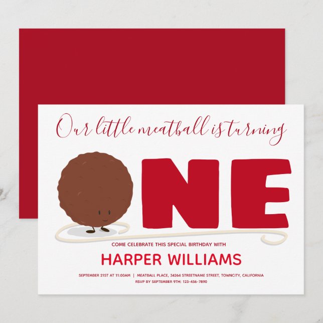 Our Little Meatball Turning One First Birthday Invitation (Front/Back)