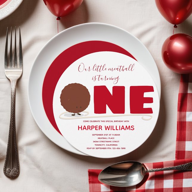 Our Little Meatball Turning One First Birthday Invitation (Add this invitation to your cart and have a fun, meatball & spaghetti, 1st birthday party!)