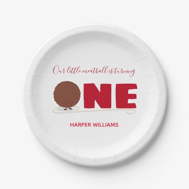 Our Little Meatball Turning One First Birthday Paper Plate (Front)