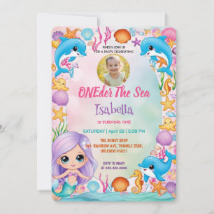 our little mermaid 1st Photo summer birthday Invitation