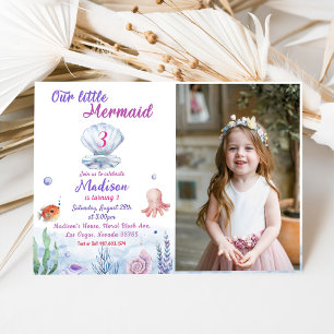 Our Little Mermaid 3th Birthday Party Photo Invitation