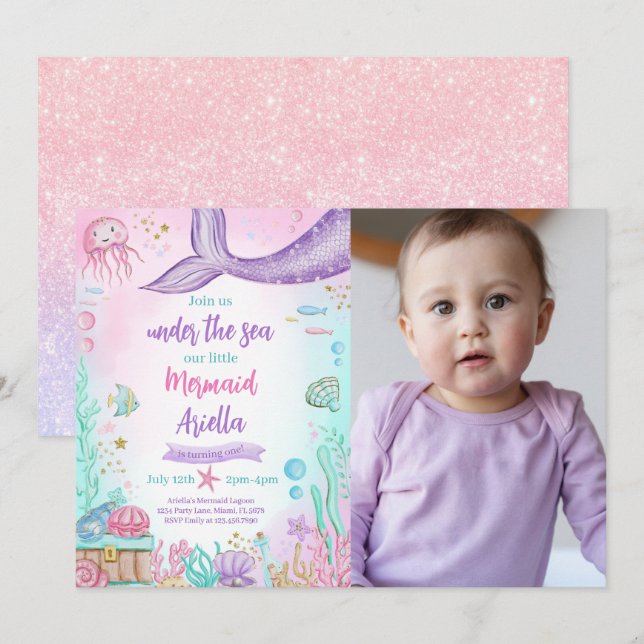 Our Little Mermaid Birthday Photo Invitation (Front/Back)